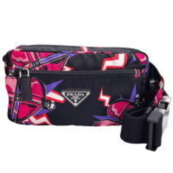 PRADA body bag heart pink nylon black waist pouch UY - Picture 1 of 9